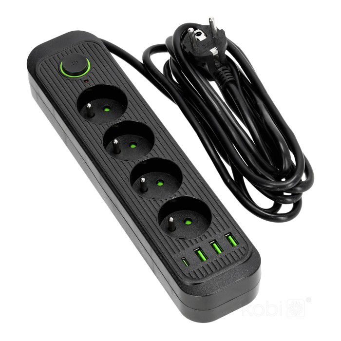 Przedłużacz 4gn+usb 3m Kobi czarny 1szt.