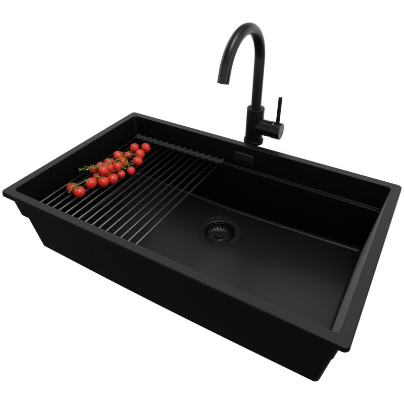 Zlewozmywak Granitowy Praga Slim PRIMAGRAN Nablatowy 76x47cm, Cały Czarny + Bateria + Syfon + Akcesorium, S548, 1 szt.