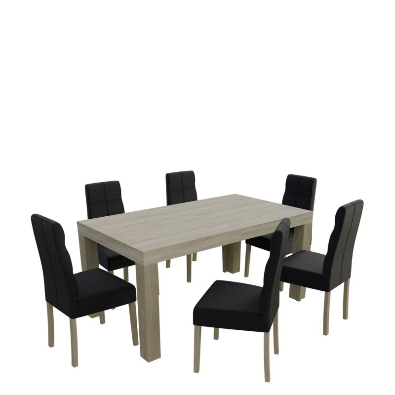 Zestaw RO47 MIRJAN 24 Stół rozkładany SF-25 90x160/210 + 6 krzeseł K63 dąb sonoma + czarna ekoskóra 1 kpl.