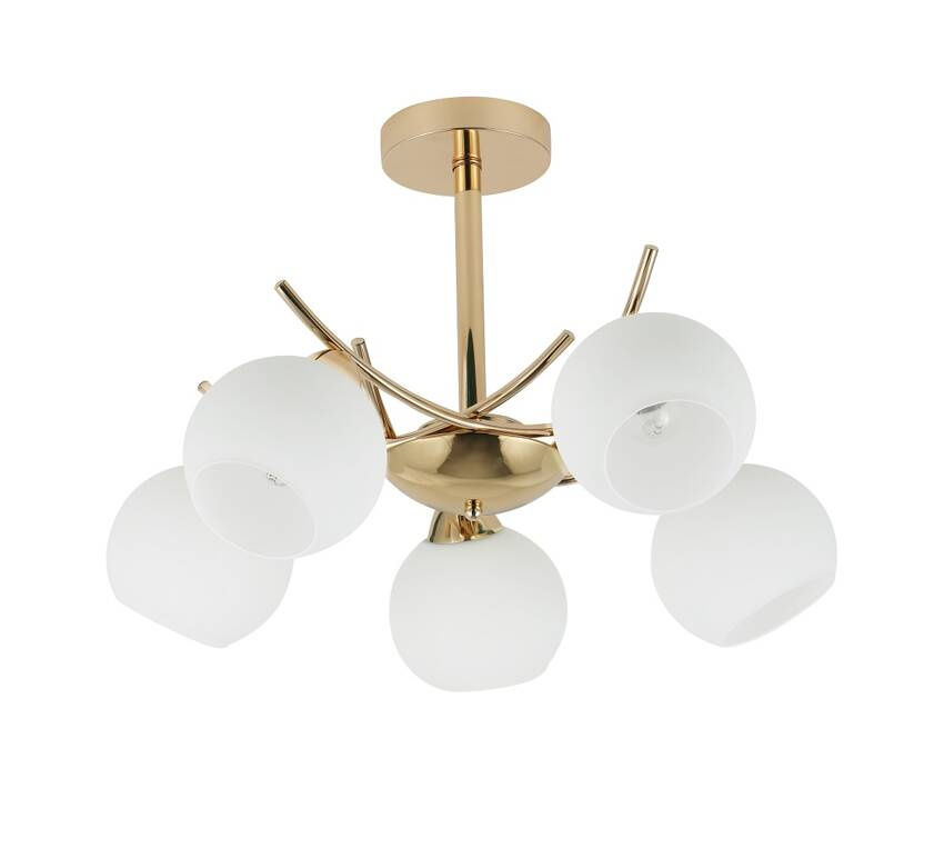 Złota lampa wisząca z białym kloszem do salonu AMOS 5-płomienna