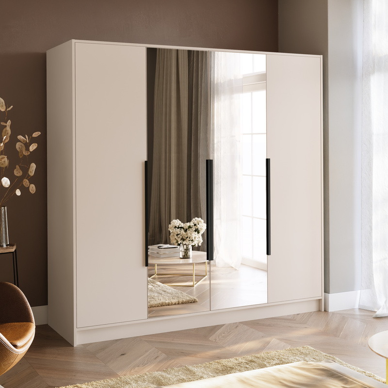 Czterodrzwiowa szafa 200 cm do sypialni z lustrem i półkami LESTO kaszmir