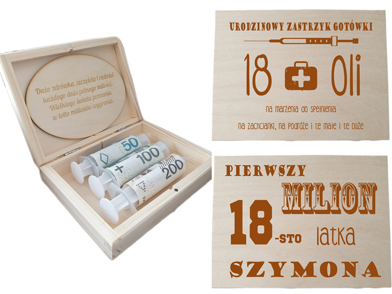 Pudełko na pieniądze, zastrzyk gotówki, prezent na 18 30 40 50 urodziny, kartka, grawer, życzenia.