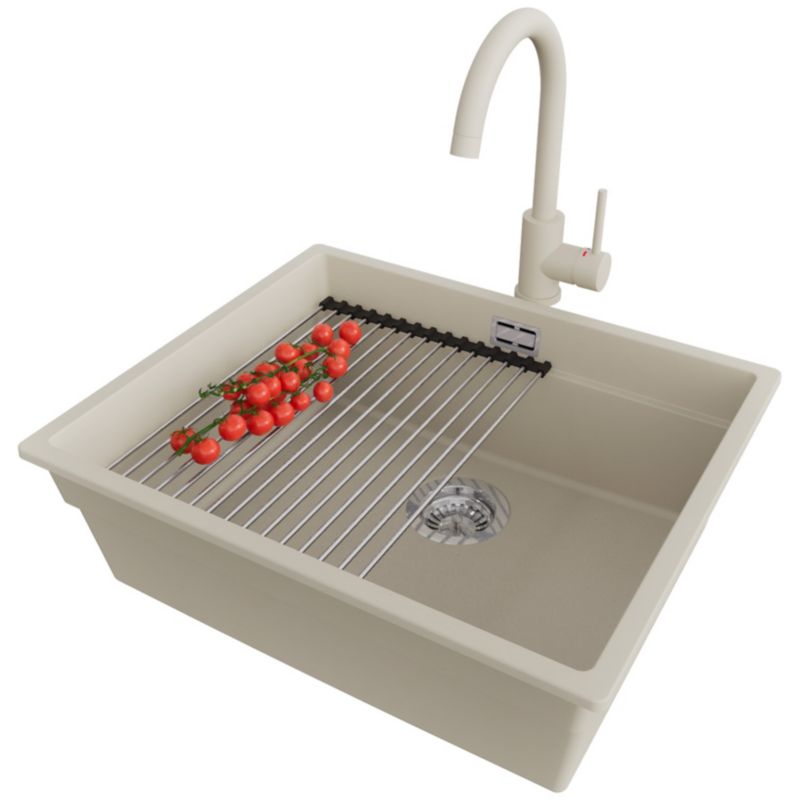 Zlewozmywak podblatowy Praga PRIMAGRAN 56x47cm do szafki od 60cm, Beżowy + Bateria + Syfon + Zwijany ociekacz, S288, 1 szt.