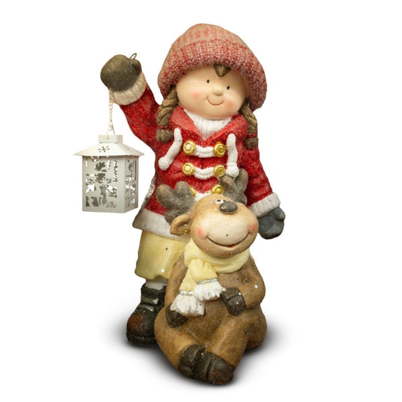 Figurka dekoracyjna dziewczynka z latarnią i reniferem, Solis Decor by Aleksandra Sobota, 47 cm, 1 szt.