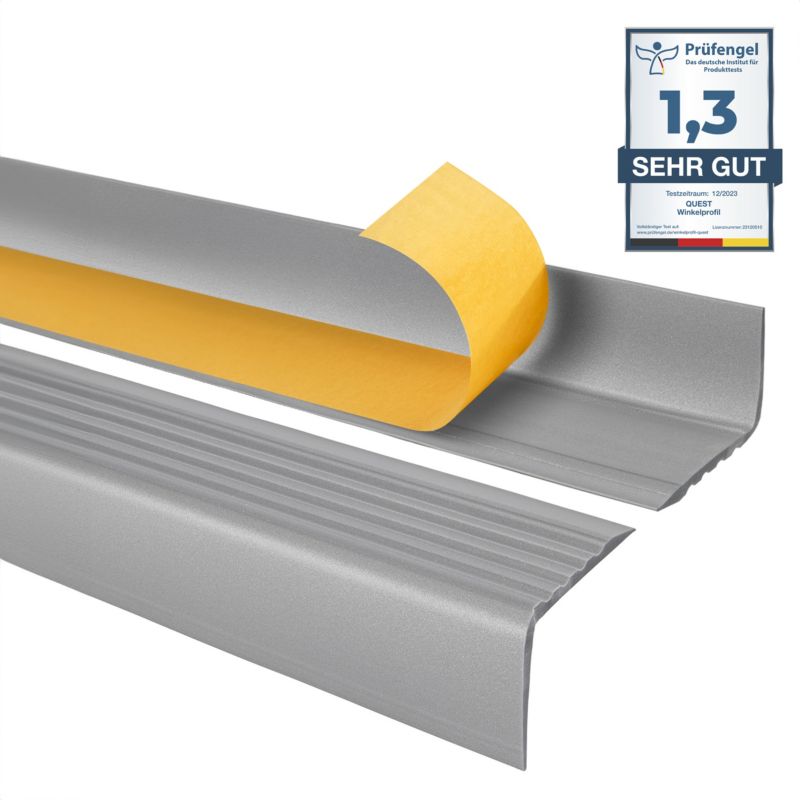 Profil schodowy PCV 50x42mm, QUEST, samoprzylepny antypoślizgowy nosek schodowy, RGP, srebrny, 1.8m