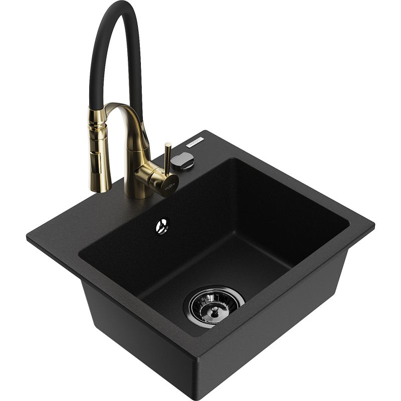 Zlewozmywak granitowy 1-komorowy Mexen Milo z baterią kuchenną Aster czarny - 6505-77-73450-07-B 1 szt.