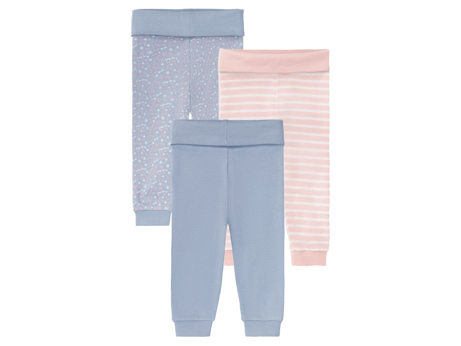 lupilu Spodnie dresowe niemowlęce z biobawełną, 3 pary 50/56, Wzorzysty/paski, niebieski/różowy