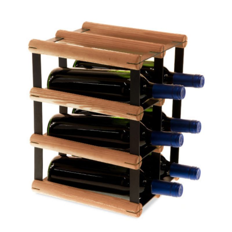 Stojak na wino MODO24 na butelki PET eko wąski minimalistyczny na 6 butelek czarny metal drewno brązowe 1 szt.