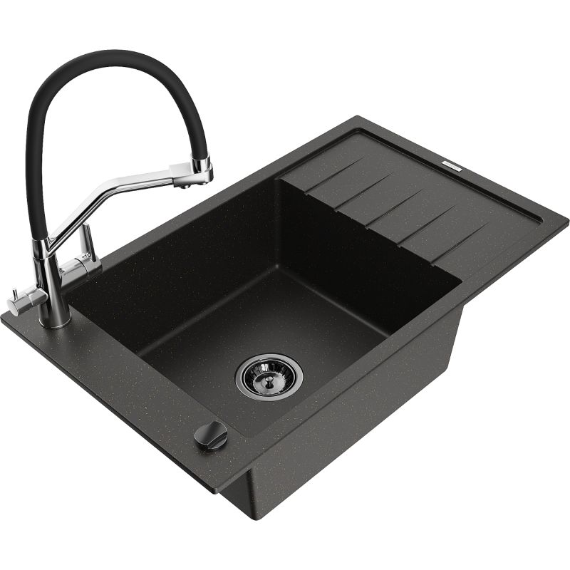 Zlewozmywak granitowy 1-komorowy Mexen Elias z ociekaczem i baterią kuchenną Duo czarny/złoty metalik 6511-75-671701-07-B