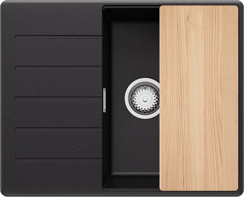 Zlewozmywak Kopenhaga PRIMAGRAN Nablatowy 62x50cm do szafki od 45cm, Czarny Metalik + Syfon + Deska, S248, 1 szt.