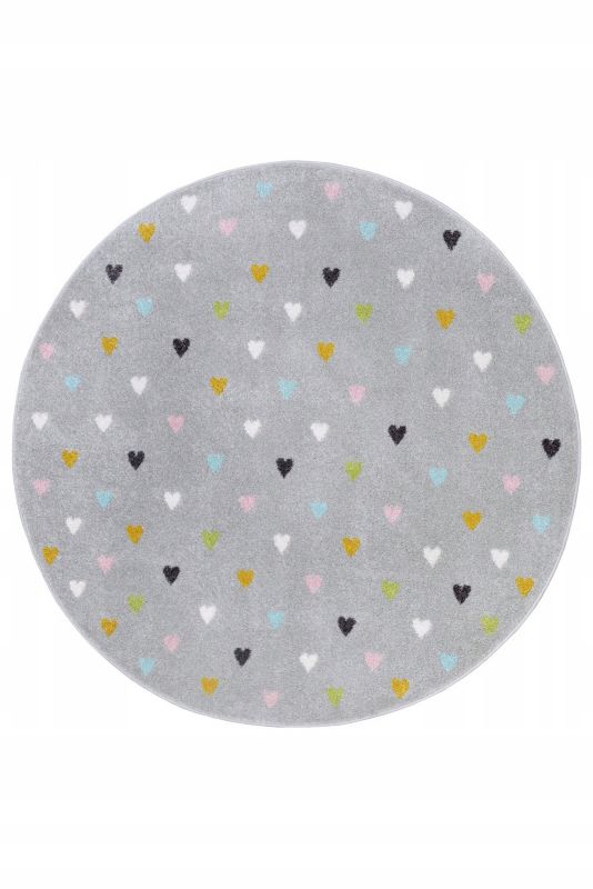 Dywan Mojdywan dziecięcy okrągły 100cm, miękki krótki włos, szary w kolorowe serca 1 szt.