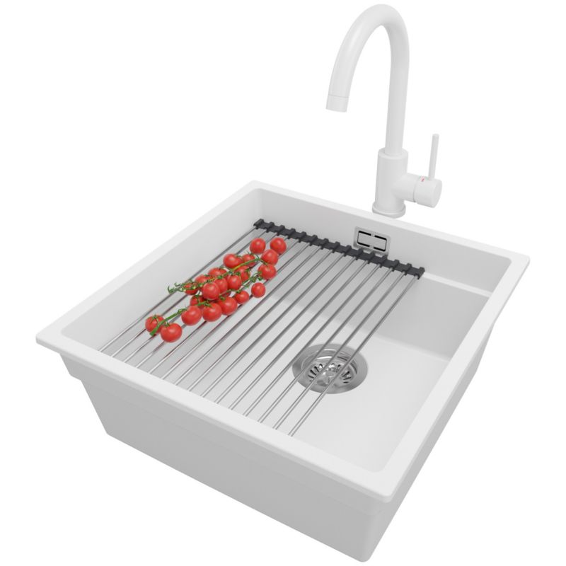 Zlewozmywak Granitowy Praga Slim PRIMAGRAN Nablatowy 46x47cm, Biały + Bateria + Syfon + Akcesorium, S199, 1 szt.