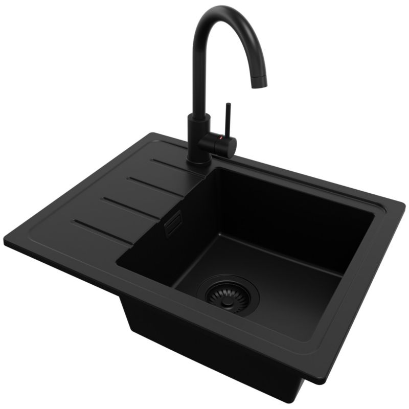 Zlewozmywak Granitowy Kopenhaga Easy PRIMAGRAN Nablatowy 55x44cm do szafki od 45cm, Cały Czarny + Bateria + Syfon, S012, 1 szt.