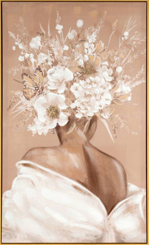 Obraz 522B 60x100 cm kobieta z kwiatami postać beżowo, biała ręcznie malowana na płótnie 1 szt.