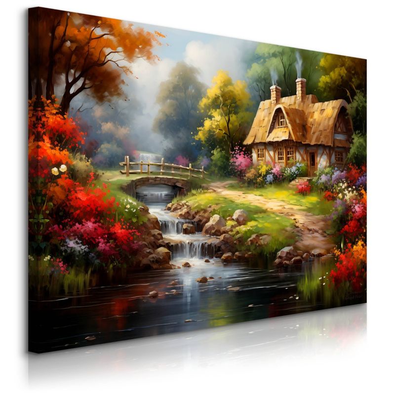 Obraz Muralo Wiejska Chatka Pejzaż Kwiaty Las 100x70 cm 1 szt.