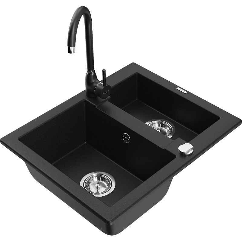 Zlewozmywak granitowy 1.5-komorowy Mexen Carlos z baterią kuchenną Telma czarny 6518-77-670200-70