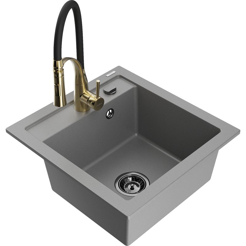Zlewozmywak granitowy 1-komorowy Mexen Vito z baterią kuchenną Aster szary 6503-71-73450-57-B