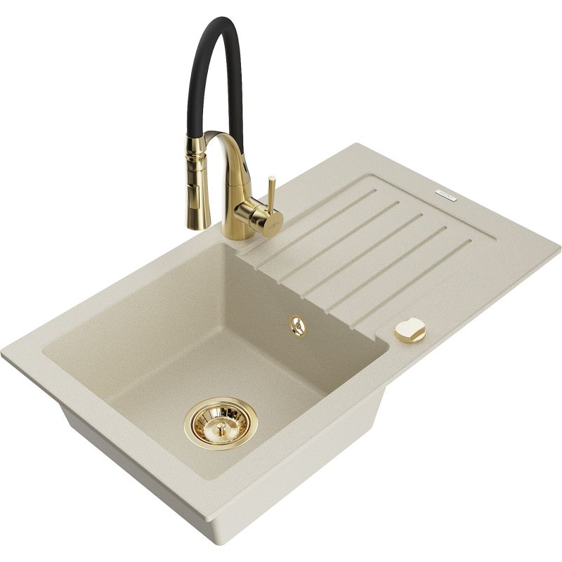 Zlewozmywak granitowy 1-komorowy Mexen Pablo z ociekaczem i baterią kuchenną Aster beżowy 6510-69-73450-57-G