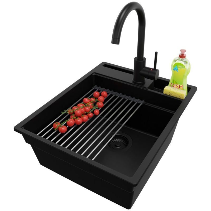 Zlewozmywak Granitowy Oslo Pocket PRIMAGRAN Nablatowy 43x53cm do szafki od 45cm z Syfonem i Baterią i Dodatkiem Cały Czarny 1 szt.