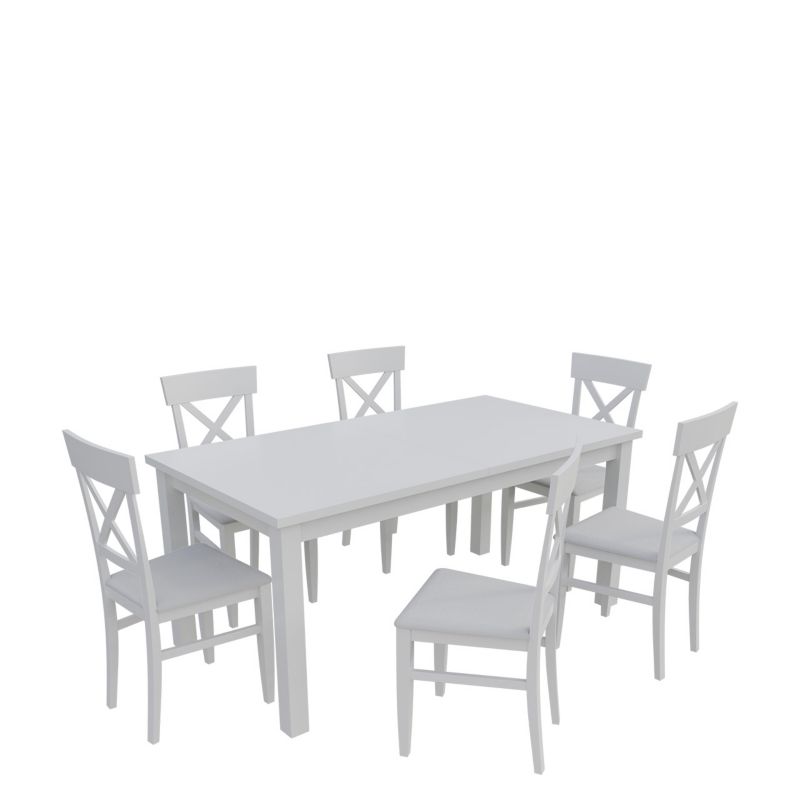 Zestaw RO21 MIRJAN 24 Stół rozkładany S18-L 80x160/200 + 6 krzeseł K64 biały + biała ekoskóra 1 kpl.