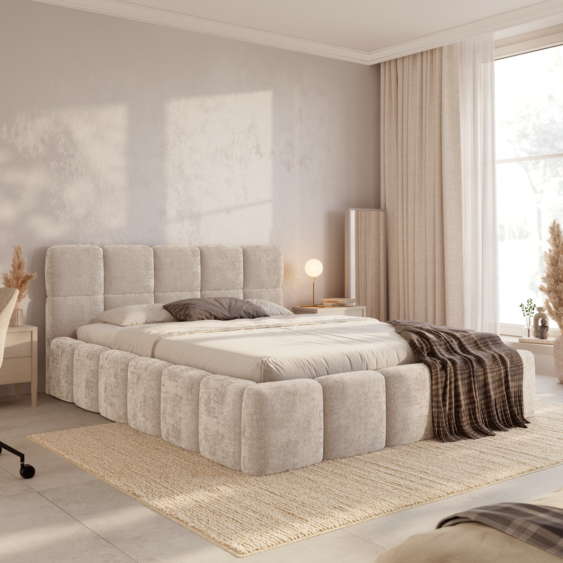 Beżowe łóżko tapicerowane 180x200 z pojemnikiem CUDDY do sypialni