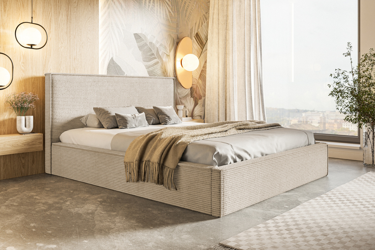 Beżowe łóżko tapicerowane 140x200 cm sztruksowe z pojemnikiem PARISIO