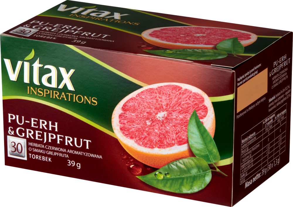 Herbata czerwona w torebkach Vitax Inspirations Pu-erh&Grejpfrut, 30 sztuk x 1.3g