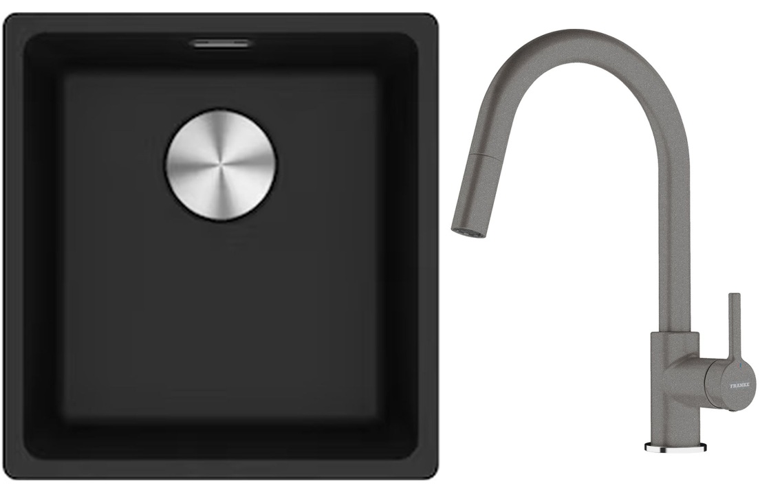Franke Maris MRG 110-37 zlewozmywak 40x37 cm Fragranite onyx z baterią kuchenną Lina kamienny szary (1250687249, 1150626057)