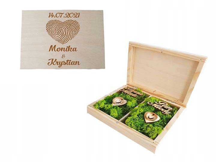 Drewniane pudełko na obrączki ślubne grawer, imiona, data, mech.