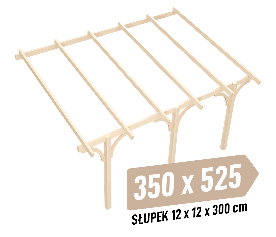 Wiata KVH Sucha Premium - 350 x 525 cm - słupki 12x12x300 cm garażowa przyścienna - zastrzał łuk