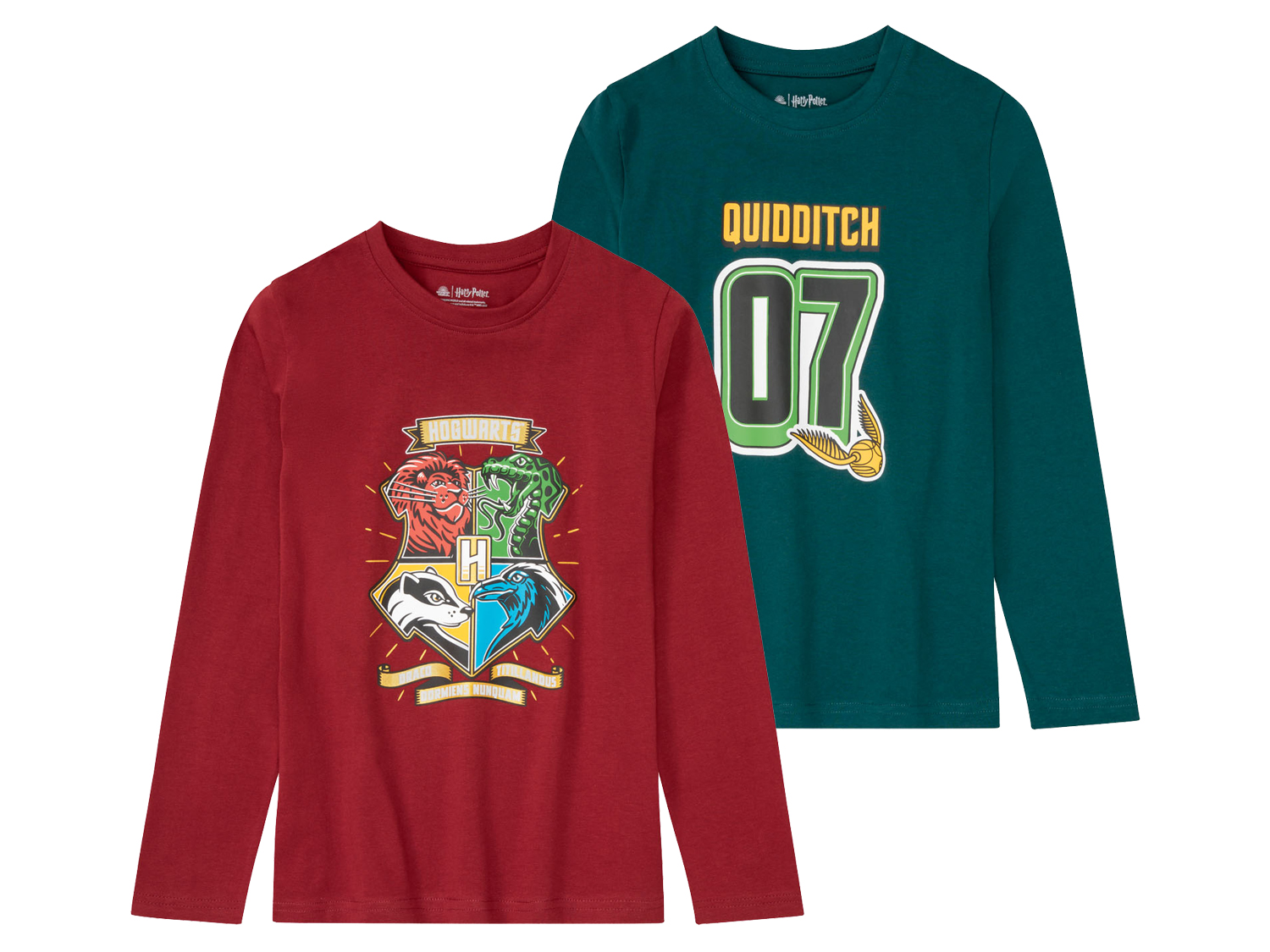 Koszulki chłopięce bawełniane z długim rękawem, z kolekcji Harry Potter, 2 sztuki Zielony/ czerwony, 146/152