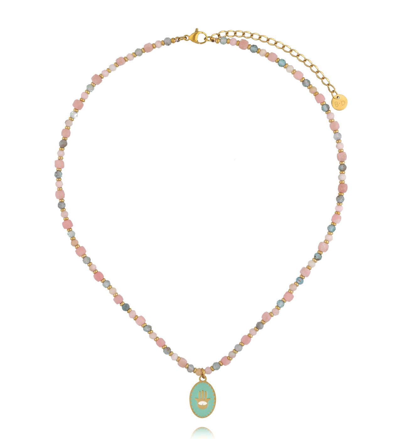 Naszyjnik z różowym opalem i apatytami z zawieszką dłoni Fatimy - By Dziubeka