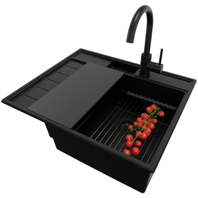 Zlewozmywak Granitowy Sydney Pocket PRIMAGRAN Nablatowy 62x53cm, Cały Czarny + Bateria + Syfon + Akcesorium, S046, 1 szt.