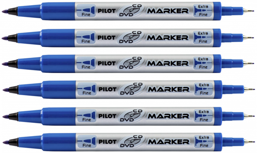 6x Marker dwustronny do płyt CD i DVD Pilot Twin, okrągła, 0.4mm/0.7mm,niebieski