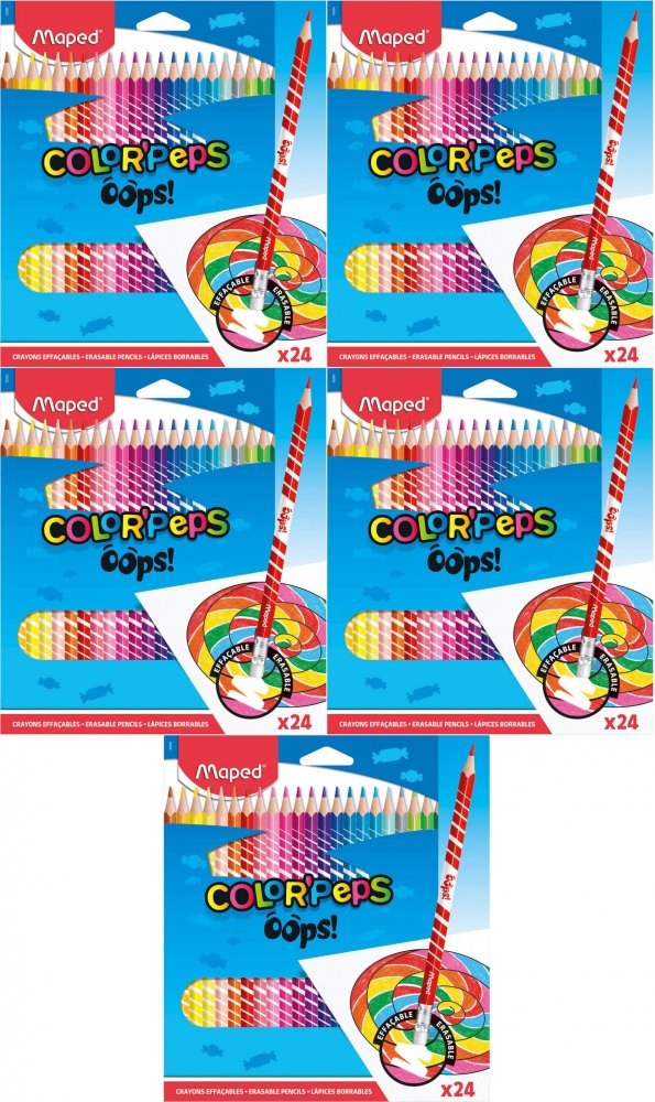 5x Kredki ołówkowe trójkątne Maped Color'Peps Oops, z gumką, 24 sztuki, mx kolorów