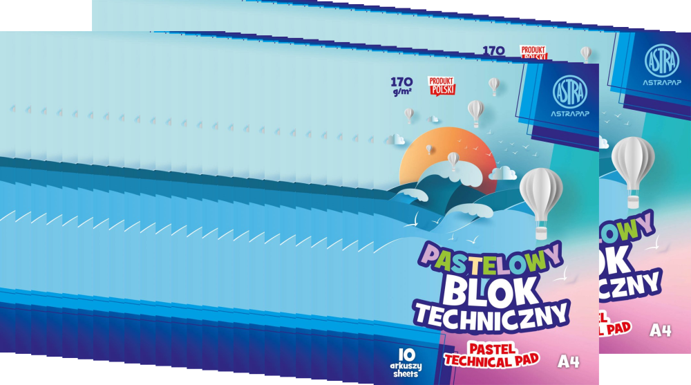 50x Blok techniczny Astra Astrapap, A4, 170g, 10 kartek, kolorowy pastelowy