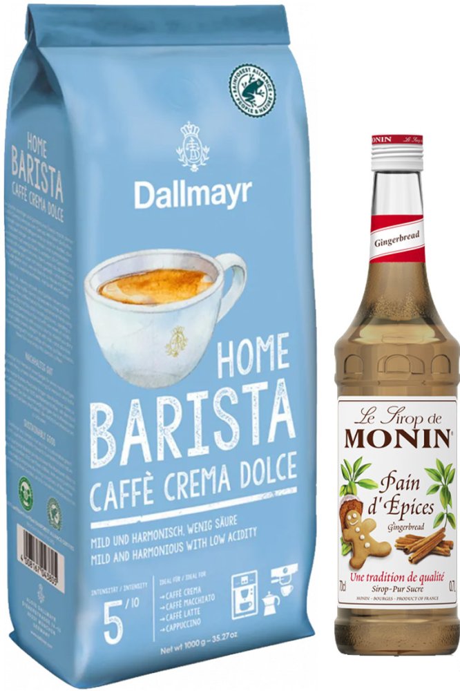 Zestaw: Kawa ziarnista Dallmayr Home Barista Crema Dolce, 1kg + Syrop Monin, piernikowy, 700ml