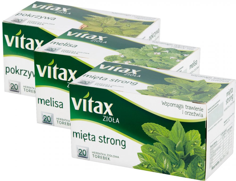 Zestaw herbat ziołowych: Vitax Zioła, mięta strong, 20 sztuk x 1.5g + Vitax Zioła, melisa, 20 sztuk x 1.5g + Vitax, pokrzywa, 20 sztuk x 1.5g