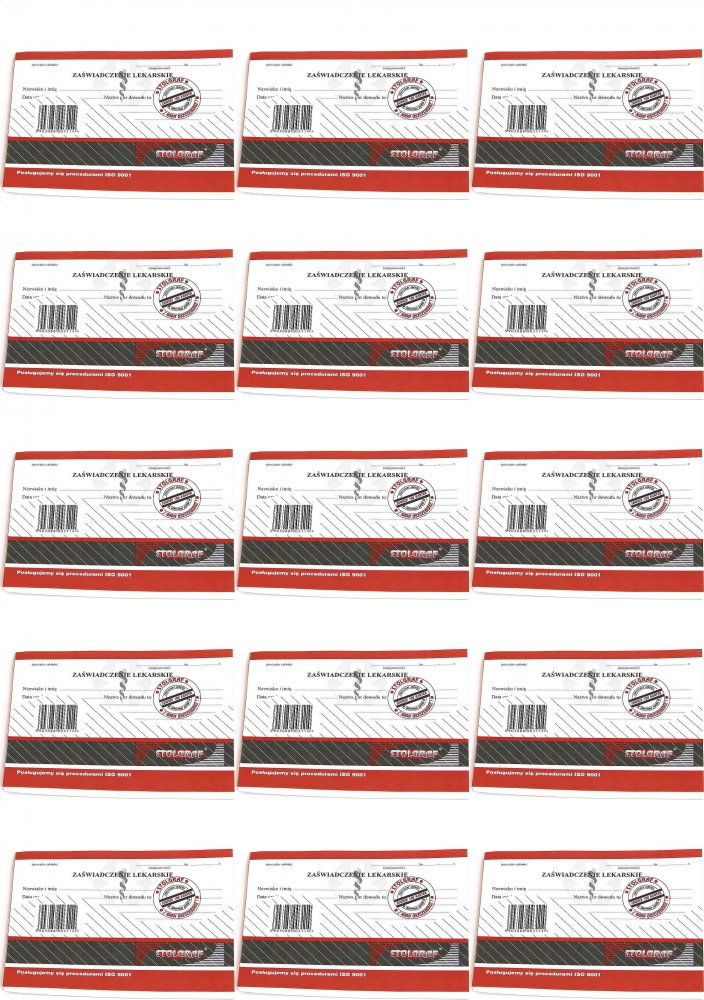 15x Druk akcydensowy Zaświadczenie Lekarskie Stolgraf Z-11, A6, 100k