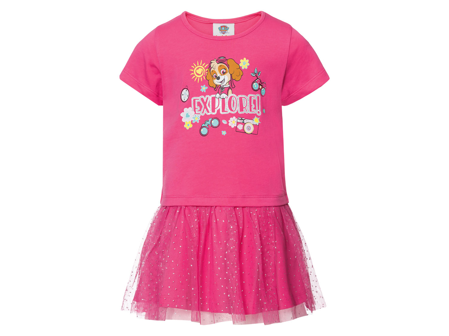 Sukienka dziewczęca z tiulową spódniczką, z bohaterami bajek Psi Patrol, 98/104