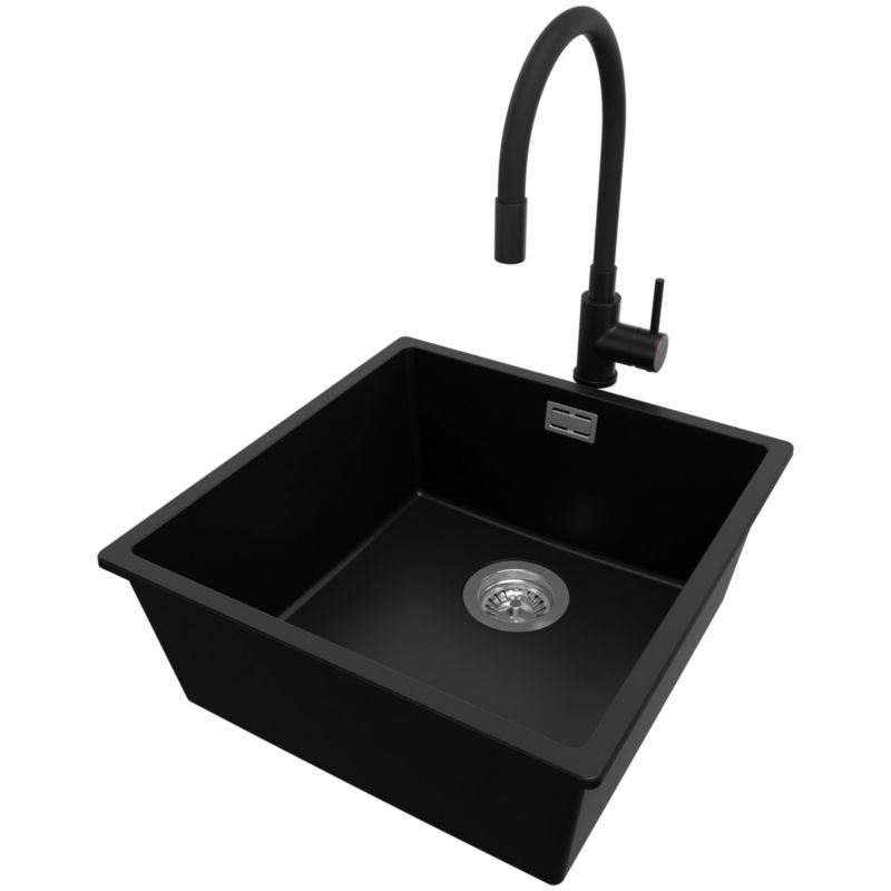 Zlewozmywak podblatowy Londyn PRIMAGRAN 46x47cm do szafki od 50cm, Czarny + Bateria 40x38cm + Syfon, S233, 1 szt.