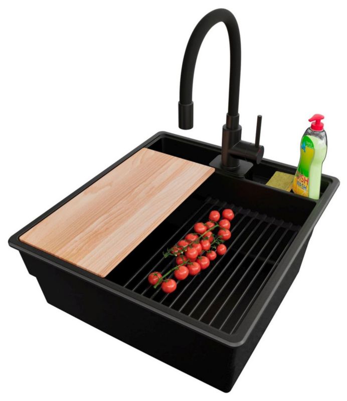 Zlewozmywak Granitowy Nowy Jork PRIMAGRAN Nablatowy 48x53cm, Cały Czarny + Bateria + Syfon + Akcesorium, , 1 szt.