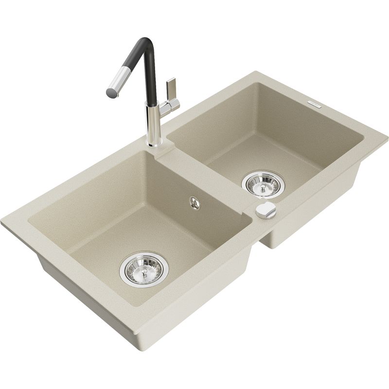 Zlewozmywak granitowy 2-komorowy Mexen Mario z baterią kuchenną Flora beżowy 6504-69-670401-07