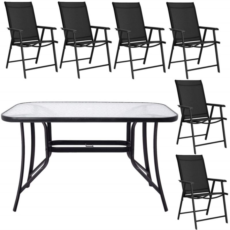 Meble ogrodowe, komplet na balkon dla 6 osób Springos metalowe 6 krzeseł i stół z szkła hartowanego, czarny 1 kpl.