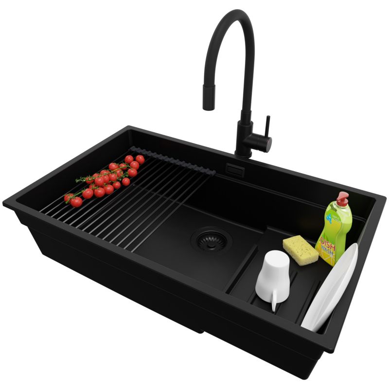 Zlewozmywak Granitowy Praga Slim PRIMAGRAN Nablatowy 76x47cm, Cały Czarny + Bateria + Syfon + Akcesorium, S620, 1 szt.