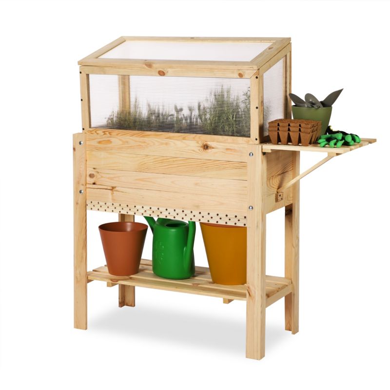 Donica na nogach MODO24 drewniana 80 x 37 cm z domkiem dla owadów i 2 półkami bocznymi naturalne drewno 1 szt.