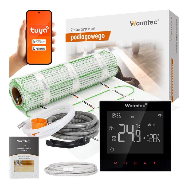 Mata grzewcza grzejna pod płytki Warmtec 8m² 100W/m² Wi-Fi zestaw czarny regulator DSE-80/SRT20W 1szt.