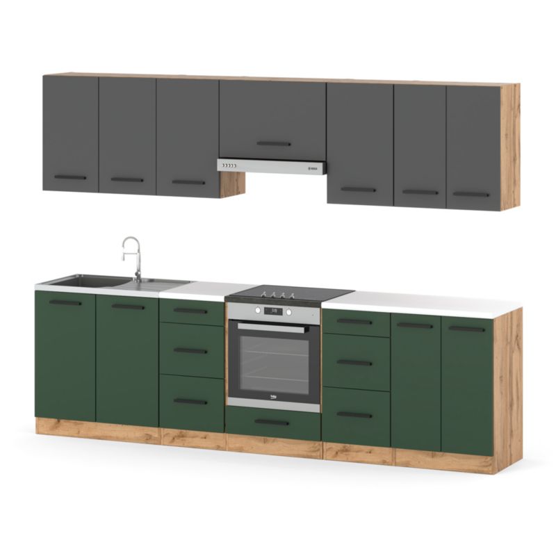 Zestaw Kuchenny Hurtownia-Mebli Z Blatem Kuchnia Roma 280cm Dąb Wotan Szary Mat/Butelkowa Zieleń 280x47x145 cm 1szt.