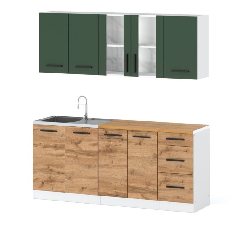 Zestaw Kuchenny Hurtownia-Mebli Z Blatem Kuchnia Rest 200cm Biały Mat Butelkowa Zieleń/Dąb Wotan 200x47x145 cm 1szt.