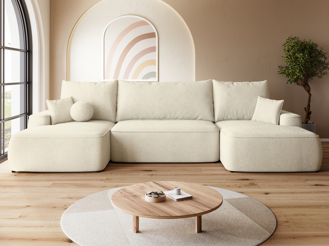 Kremowa rogówka boucle do salonu z funkcją spania CARMELLO U